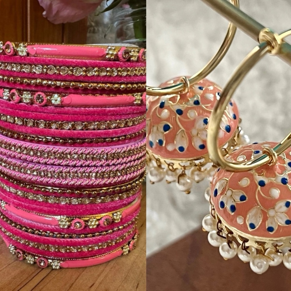 Indian Bridal Jewelry Set Pink & Gold Bangles w/ Peach Minakari Jhumka Earrings